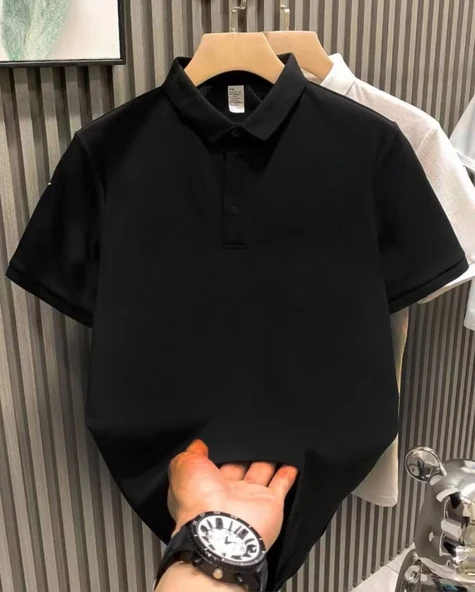 Erkek Polo Yaka Pike Kumaş Yazlık Tişört Düğmeli Düz kısa kol T-Shirt - Siyah ürün görseli 1