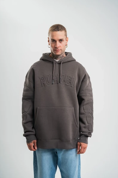 Erkek Nakışlı Kapüşonlu Oversize 3 İplik Pamuklu SweatShirt Hoodie - Füme ürün görseli 1