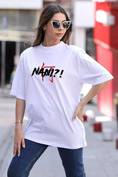 Kadın Baskılı T-Shirt Kısa Kol Bisiklet Yaka Oversize Rahat Kalıp Günlük Tişört - Beyaz ürün görseli 1