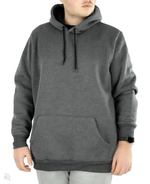 Erkek 3 İplik Pamuklu Kapüşonlu Cepli Oversize Hoodie Sweatshirt - Füme ürün görseli 1