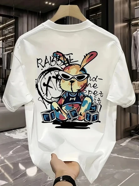 Erkek T-shirt Tavşan Baskılı Kısa Kollu Tişört - Beyaz ürün görseli 1