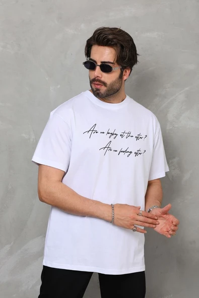 Erkek Kısa Kol Yazlık Tişört Bisiklet Yaka Baskılı Oversize T-Shirt - Beyaz ürün görseli 1
