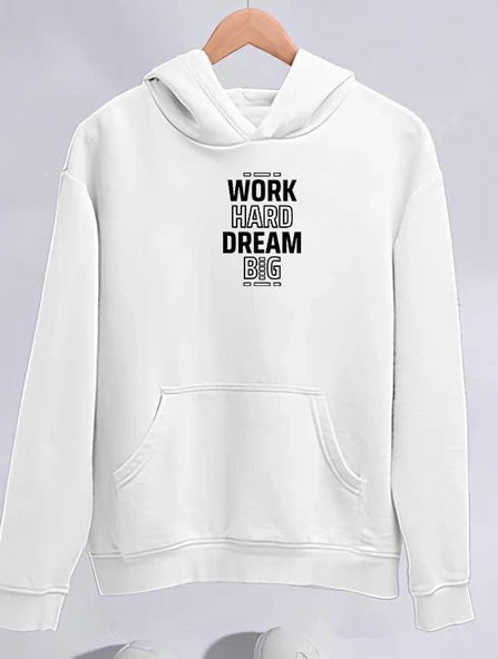 Kadın Oversize Kapüşonlu Cepli Baskılı 3 İplik Pamuklu Hoodie Sweatshirt - Beyaz ürün görseli 1
