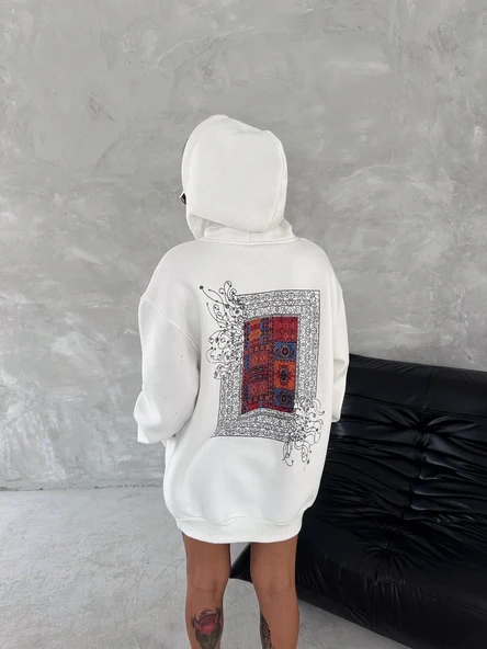 Kadın Kapüşonlu Kanguru Cepli Sweatshirt 3 İplik Pamuklu Baskılı Hoodie - Beyaz ürün görseli 1