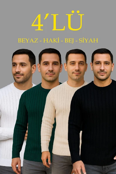 Erkek Fitilli Triko Bisiklet Yaka Kalın Kazak 4'lü Set Beyaz-Haki-Bej-Siyah ürün görseli 1