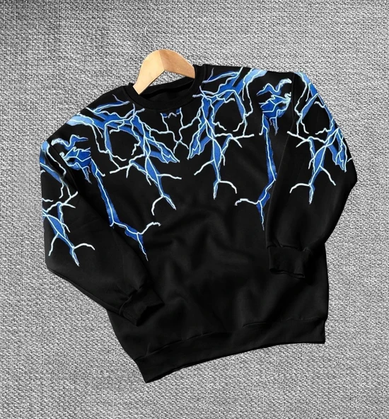 Kadın Yıldırım Baskılı Bisiklet Yaka 3 iplik pamuklu Sweatshirt - Siyah ürün görseli 1