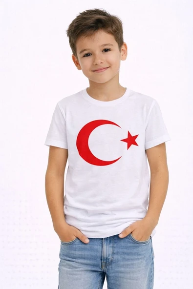 Erkek Çocuk Tişört Bisiklet Yaka Ay Yıldız Bayrak Baskılı T-Shirt - Beyaz ürün görseli 1