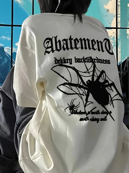 Kadın Tişört Örümcek Baskılı Bisiklet Yaka T-shirt - Beyaz ürün görseli 1