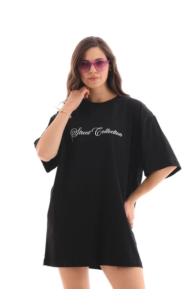 Kadın Baskılı T-Shirt Kısa Kol Bisiklet Yaka Oversize Rahat Kalıp Günlük Tişört - Siyah ürün görseli 1