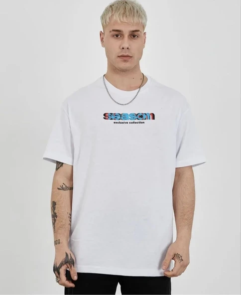 Erkek Kısa Kol Yazlık Tişört Bisiklet Yaka Baskılı Oversize T-Shirt - Beyaz ürün görseli 1