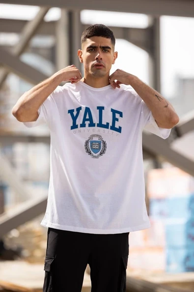 Erkek Kısa Kol Yazlık Tişört Bisiklet Yaka YALE Baskılı  T-Shirt - Beyaz ürün görseli 1