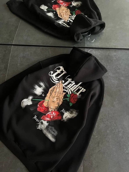 Kadın Oversize Kapüşonlu Cepli Baskılı 3 İplik Pamuklu Hoodie Sweatshirt - Siyah ürün görseli 1