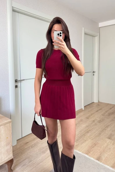 Kadın Kısa Kollu Bluz Mini Etekli ikili Takım Triko - Bordo ürün görseli 1