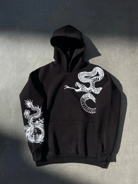 Erkek 3 İplik Pamuklu Kapüşonlu Baskılı Cepli Oversize Sweatshirt Hoodie - Siyah ürün görseli 1