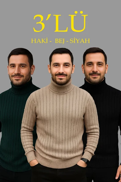 Erkek Fitilli Kazak Tam Boğazlı Balıkçı Yaka Triko 3'lü Set  Bej-Haki-Siyah ürün görseli 1