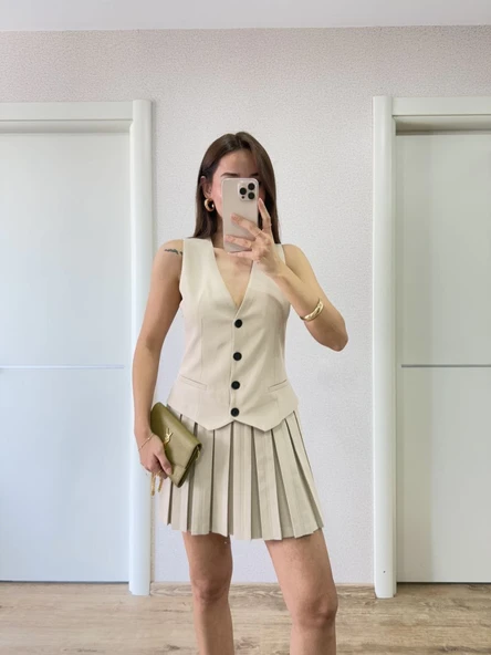 Kadın Keten Takım Görünümlü Düğme Detaylı Yelekli Mini Elbise - Bej ürün görseli 1