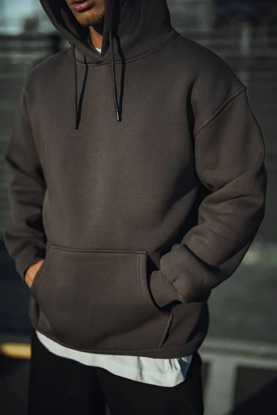 Erkek 3 İplik Pamuklu Kapüşonlu Basic SweatShirt Hoodie - Füme ürün görseli 1