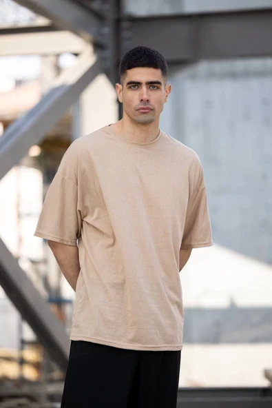 Erkek Düz T-Shirt Kısa Kol Bisiklet Yaka Regular Fit Rahat Kalıp Günlük Tişört - Bej ürün görseli 1