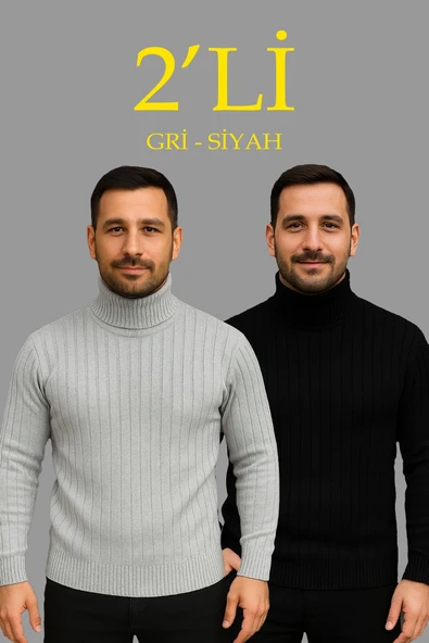 Erkek Fitilli Kazak Tam Boğazlı Balıkçı Yaka Triko 2'li Set Gri-Siyah ürün görseli 1
