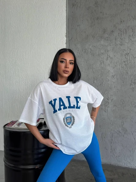 Kadın Kısa Kol Yazlık Tişört Bisiklet Yaka YALE Baskılı T-Shirt - Beyaz ürün görseli 1