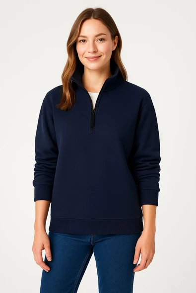 Kadın 3 İplik Pamuklu Dık Yaka Yarım Fermuarlı SweatShirt - Lacivert ürün görseli 1