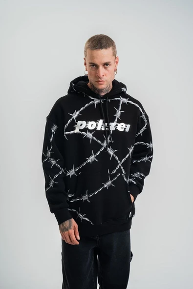 ERKEK Kapüşonlu Varak ve Pano Baskılı Hoodie  SweatShirt- Siyah ürün görseli 1