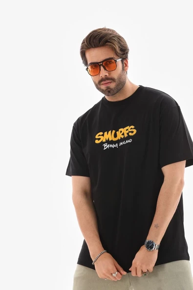 Erkek Kısa Kol Yazlık Tişört Bisiklet Yaka Baskılı Oversize T-Shirt - Siyah ürün görseli 1