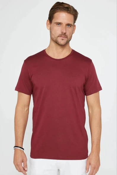 Erkek Düz Bisiklet Yaka Tişört Kısa Kol Yazlık T-Shirt -  Bordo ürün görseli 1
