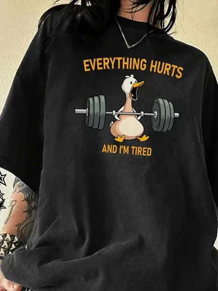 Kadın T-Shirt Ördek Baskılı Bisiklet Yakalı Kısa kol Tişört - Siyah ürün görseli 1