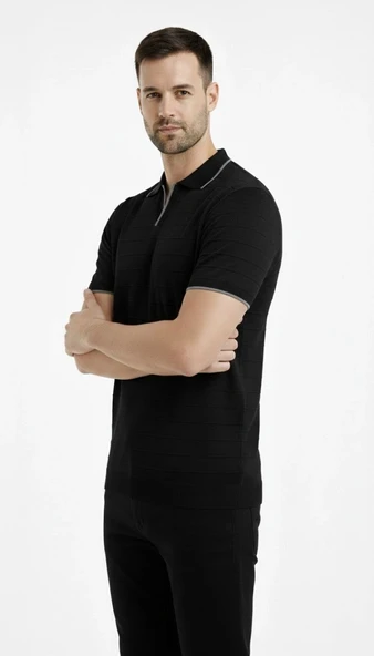 Erkek Yazlık Dokuma Triko Tişört Düğmesiz Polo Yaka Kısa Kol T-Shirt - Siyah ürün görseli 1