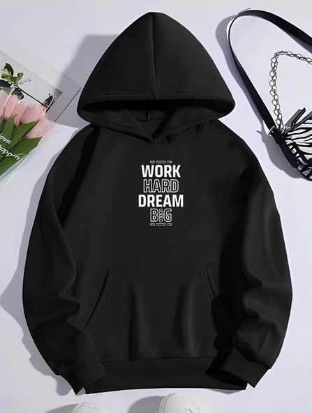 Kadın Oversize Kapüşonlu Cepli Baskılı 3 İplik Pamuklu Hoodie Sweatshirt - Siyah ürün görseli 1