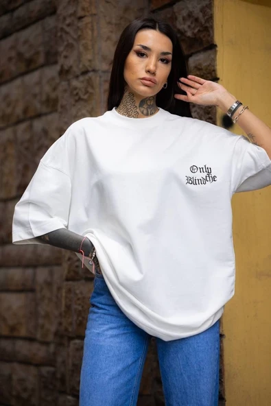 kadın Tişort Bisiklet Yaka Baskılı yazlık Kısa kol Oversize T-Shirt - Beyaz ürün görseli 1