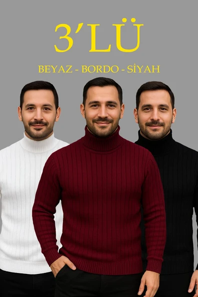 Erkek Fitilli Kazak Tam Boğazlı Balıkçı Yaka Triko 3'lü Set Beyaz-Bordo-Siyah ürün görseli 1