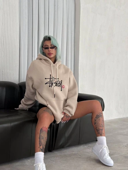 Kadın Oversize Kapüşonlu Cepli Baskılı 3 İplik Pamuklu Hoodie Sweatshirt - Bej ürün görseli 1