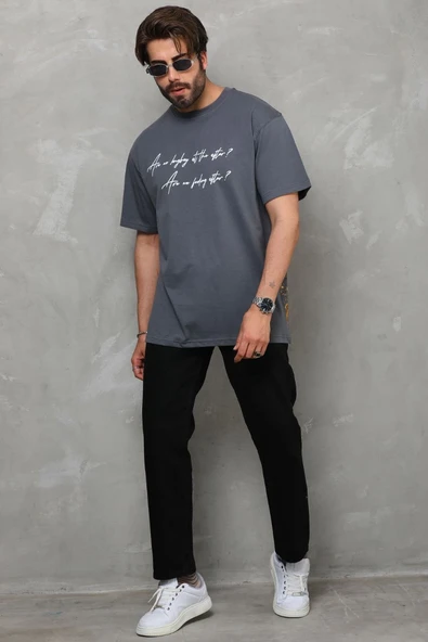 Erkek Kısa Kol Yazlık Tişört Bisiklet Yaka Baskılı Oversize T-Shirt - Füme ürün görseli 1