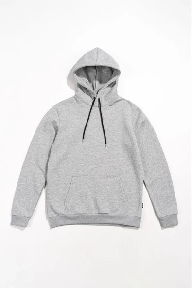 Kadın Kapüşonlu Kanguru Cepli 3 İplik Pamuklu Oversize Hoodie Sweatshirt -  Gri ürün görseli 1