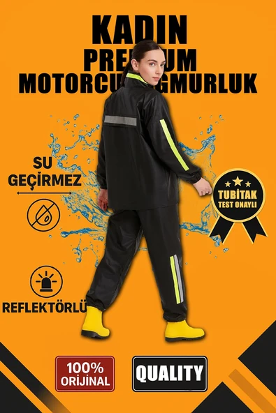 Kadın Premium Motorcu Kurye Yağmurluk Takım Su Geçirmez PVC Reflektörlü Siyah ürün görseli 1