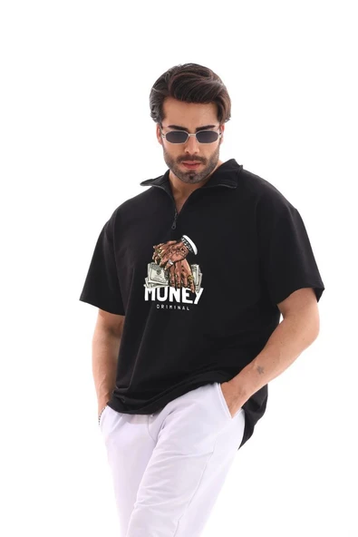 Erkek Yarım Fermuarlı Oversize Baskılı T-Shirt - Siyah ürün görseli 1