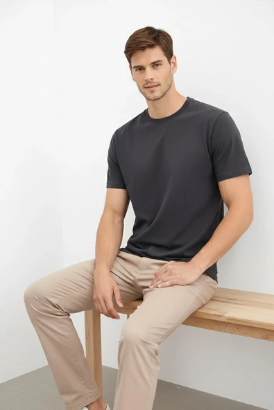 Erkek Bisiklet Yaka Yazlık Kısa kol Düz Tişört Regular Kalıp T-shirt - Füme ürün görseli 1