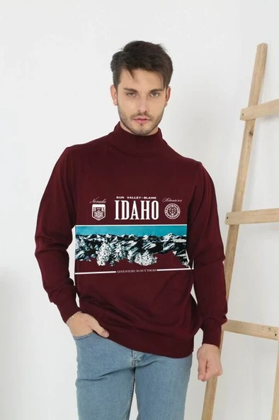 Erkek Yarım Bağazlı Kazak Baskılı Dokuma Triko - Bordo ürün görseli 1