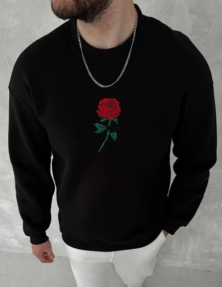 ERKEK 3 iplik Pamuklu Bisiklet Yaka Ön Ve Arka Baskılı SweatShirt - Siyah ürün görseli 1