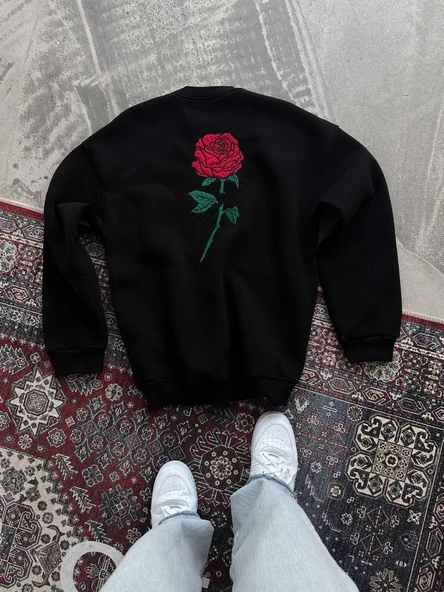 Kadın Oversize Kapüşonlu Cepli GÜL Baskılı 3 İplik Pamuklu Hoodie Sweatshirt - Siyah ürün görseli 1