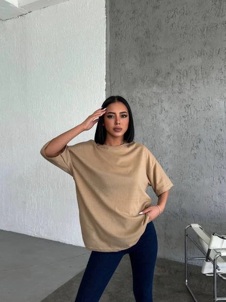 Kadın Düz T-Shirt Kısa Kol Bisiklet Yaka Oversize Rahat Kalıp Günlük Tişört - Bej ürün görseli 1