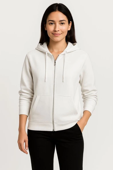 Kadın 3 İplik Kapüşonlu Tam Fermuarlı Kanguru Cepli Sweatshirt Hoodie - Beyaz ürün görseli 1