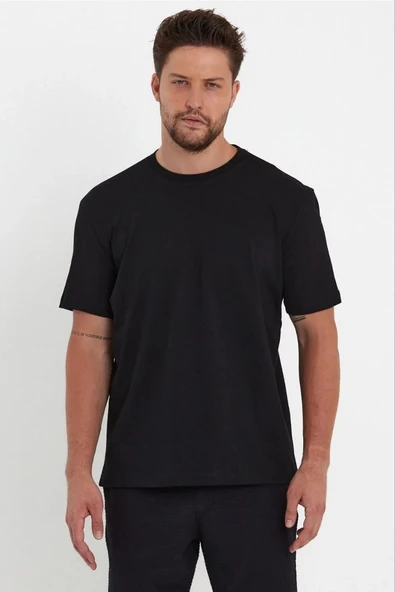 Erkek Düz T-Shirt Kısa Kol Bisiklet Yaka Regular Fit Rahat Kalıp Günlük Tişört - Siyah ürün görseli 1