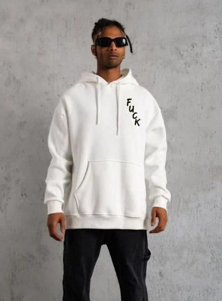 Erkek 3 İplik Pamuklu Kapüşonlu Baskılı Cepli Oversize Sweatshirt Hoodie - Beyaz ürün görseli 1