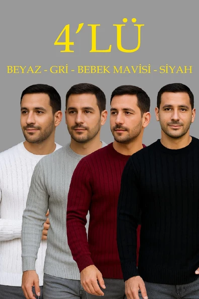 Erkek Fitilli Triko Bisiklet Yaka Kalın Kazak 4'lü Set Beyaz-Bordo-Gri-Siyah ürün görseli 1