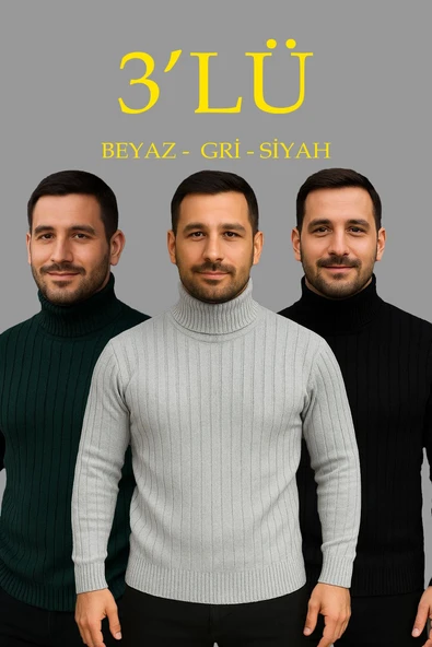 Erkek Fitilli Kazak Tam Boğazlı Balıkçı Yaka Triko 3'lü Set  Gri-Haki-Siyah ürün görseli 1