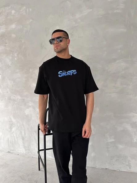 Erkek Ön ve Arka Baskılı T-Shirt Kısa Kol Bisiklet Yaka Regular Fit Tişört - Siyah ürün görseli 1