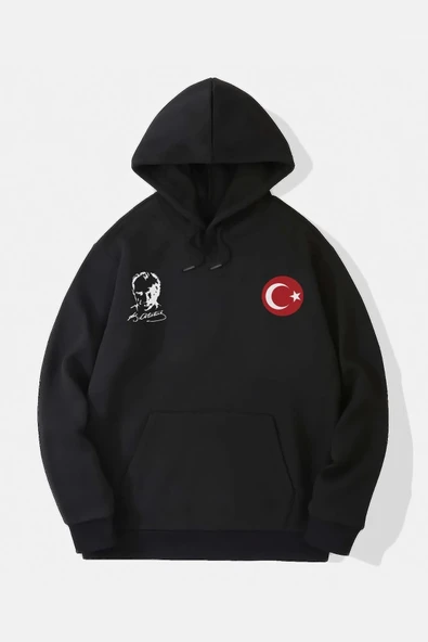 10 Kasıma Özel 3 İplik Kapüşonlu Baskılı SweatShirt Hoodie - Siyah ürün görseli 1